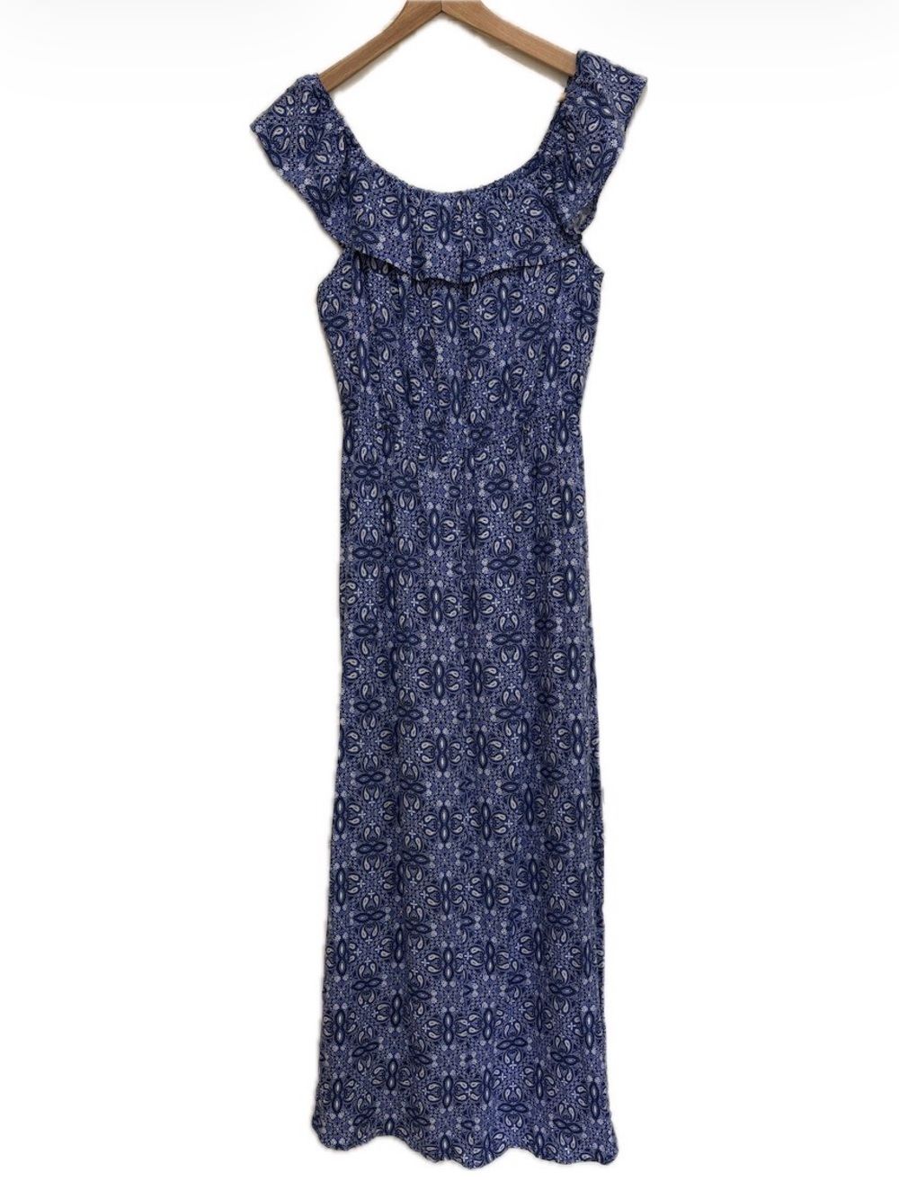 Kingston Grey Blue Paisley Hi Low Maxi Dress Ruffle Off Shoulder Size L NWT - Picture 3 of 7